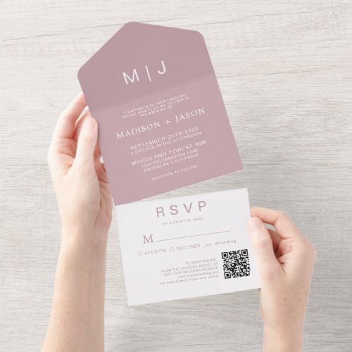Simple Plain Dusty Rose Monogram QR Code Wedding All In One Invitation