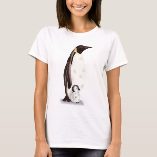 Simple Plain Emperor Penguin and Baby Illustrated T_Shirt