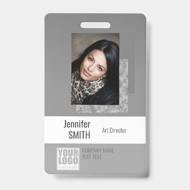 Simple Plain Gray Logo Barcode ID Photo Template Badge (Front)