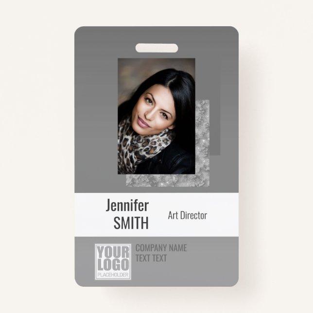 Simple Plain Gray Logo Barcode ID Photo Template Badge (Front)
