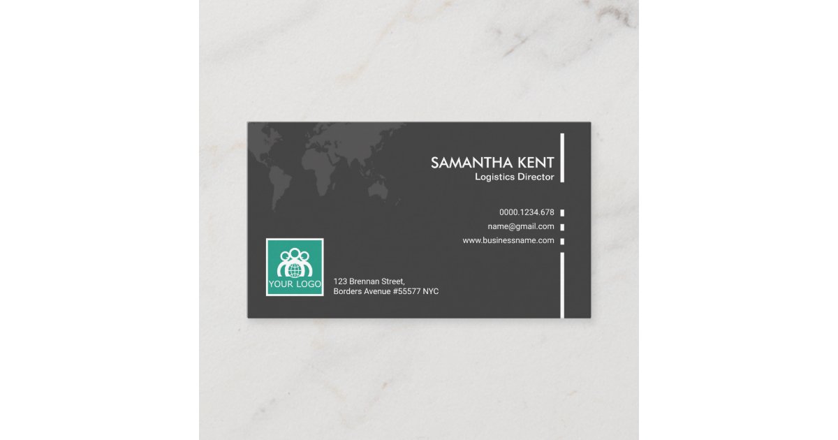 Simple Plain Grey World Map Logistics Director Business Card | Zazzle