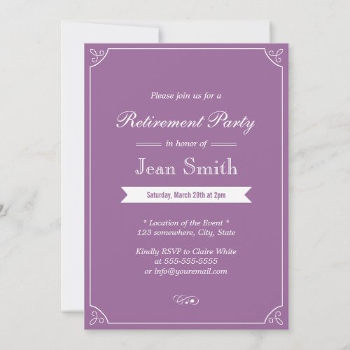 Simple Plain Lavender Retirement Party Invitations 5" X 7" Invitation Card