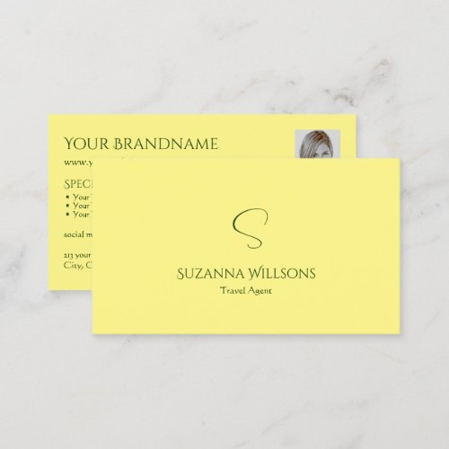 Simple Plain Light Yellow with Monogram and Photo Business Card