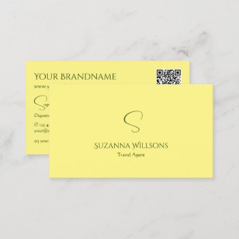 Simple Plain Light Yellow With Monogram Qr Code Business Card by Your_Favorite at Zazzle