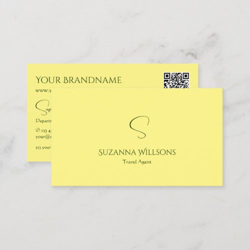 Simple Plain Light Yellow with Monogram QR Code Business Card
