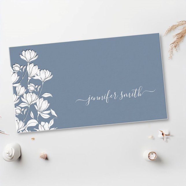 Simple Plain Muted Blue Flower Drawing Floral Chic Business Card (Creator Uploaded)