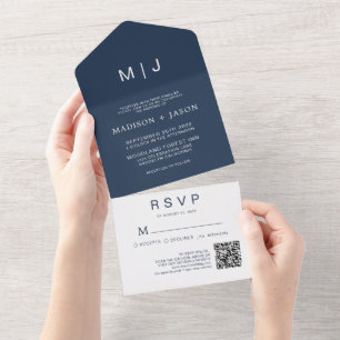 Simple Plain Navy Blue Monogram QR Code Wedding All In One Invitation