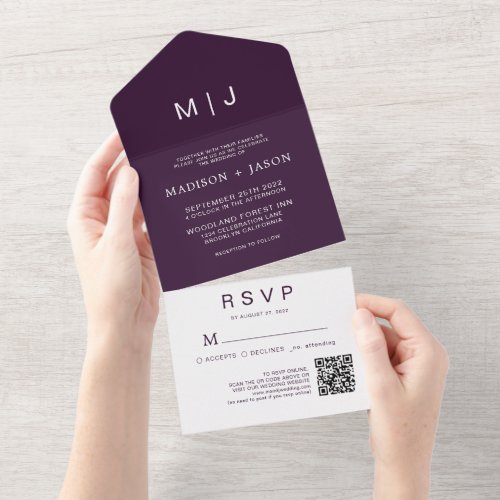 Simple Plain Purple Monogram QR Code Wedding All In One Invitation