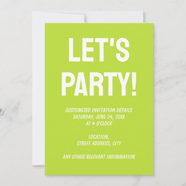 Simple plain solid color bright acid green lime invitation (Front)