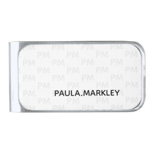 Simple Plain White Modern Gray Monogram Pattern Silver Finish Money Clip