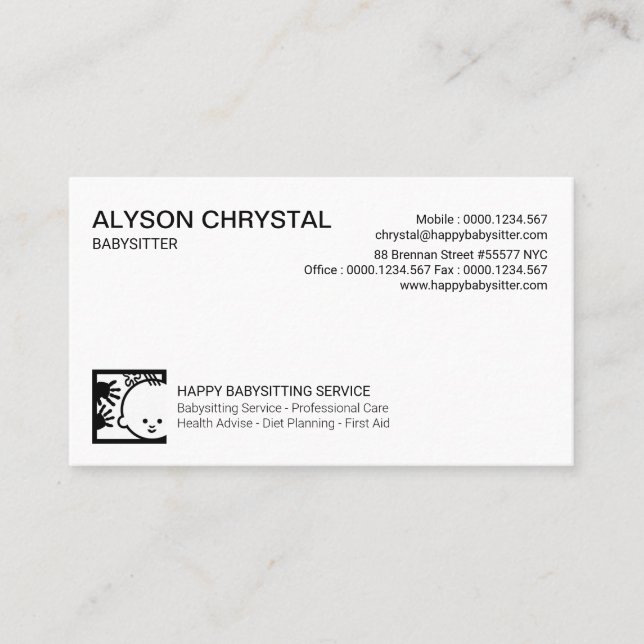Simple Plain White Retro Babysitting Services Business Card (Front)