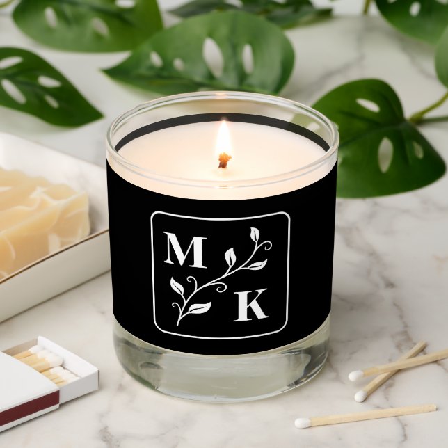 Simple Plant Monogram Initials Black Scented Candle (Lit)