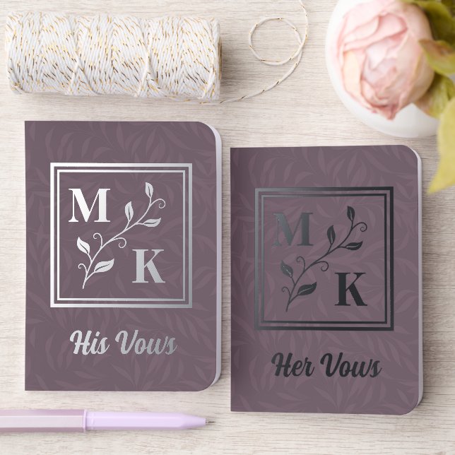 Simple Plant Monogram Initials Purple Wedding Foil Vow Books (Wedding)