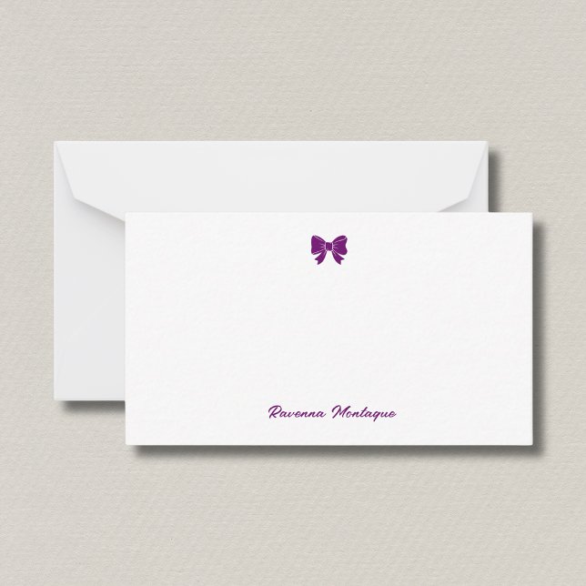 Simple Plum Purple Chic Bow Handwritten Name  Note Card (Creator Uploaded)