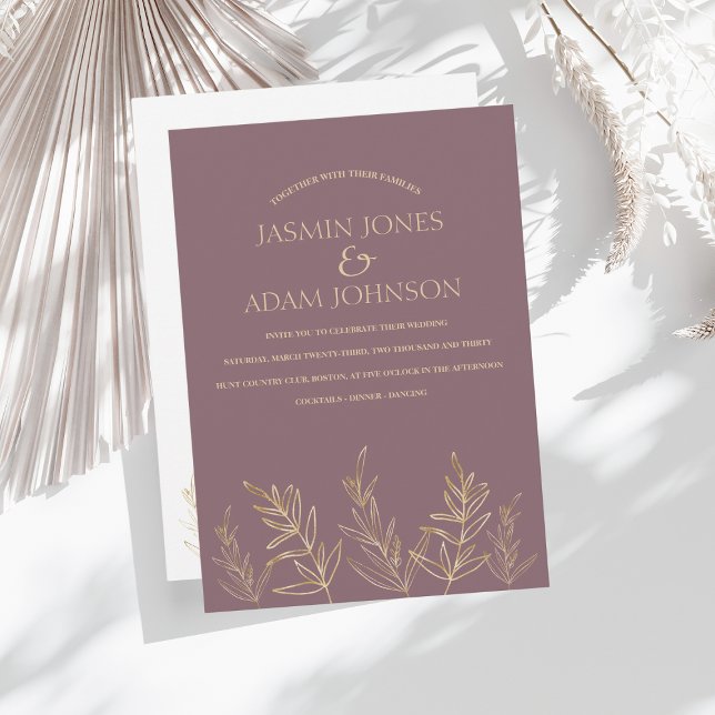Simple Plum Purple Gold Leaf Wedding Invitation (Creator Uploaded)