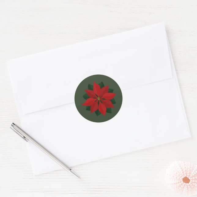 Simple Poinsettia on Green Classic Round Sticker (Envelope)