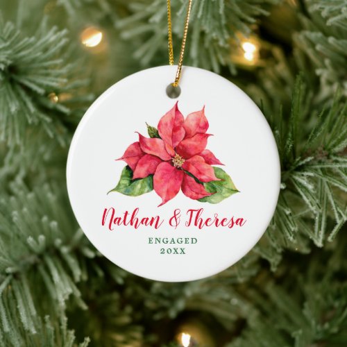 Simple Poinsettia Personalized Engaged Christmas Ceramic Ornament