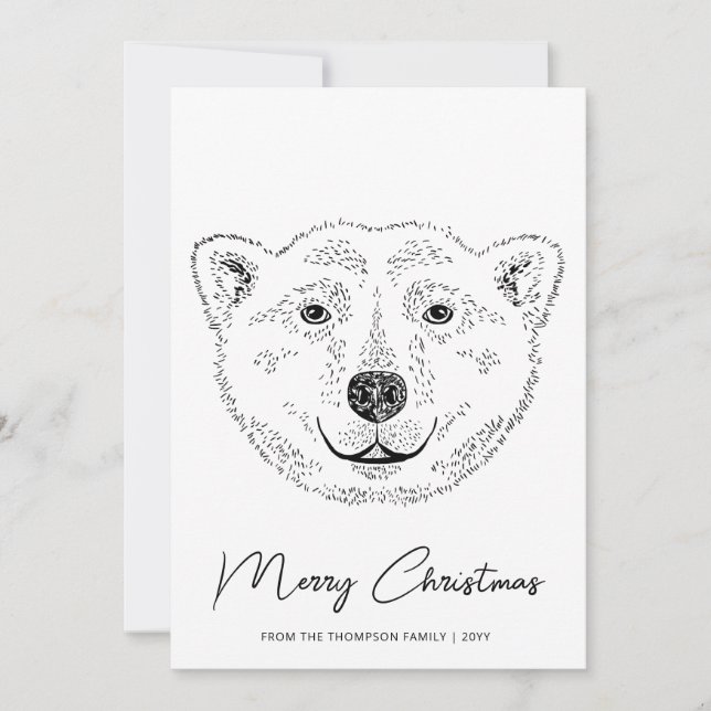 Simple Polar Bear Head - Line Art Sketch With Text Holiday Card (Front)