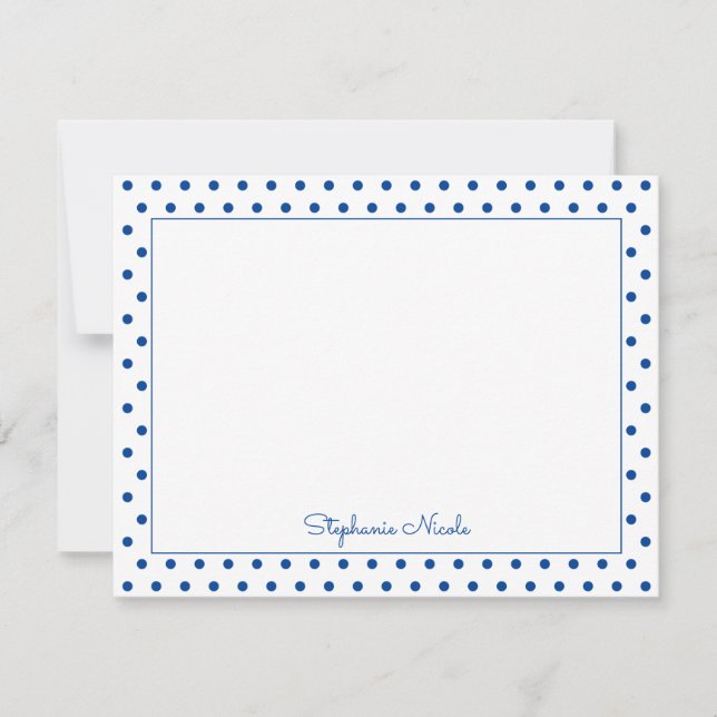 Simple Polka Dot Blue Personalized Thin Border Note Card (Front)