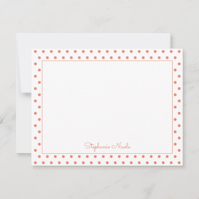Simple Polka Dot Orange Personalized Thin Border Note Card (Front)