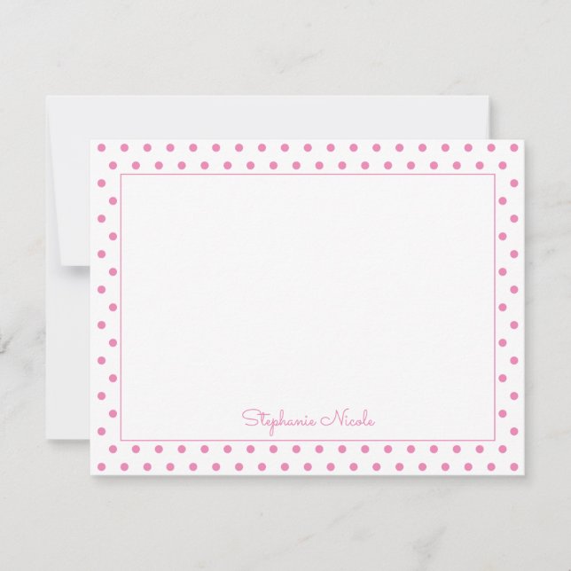 Simple Polka Dot Pink Personalized Thin Border Note Card (Front)