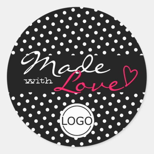 Simple Polka Dots Made with Love Heart Black White Classic Round Sticker