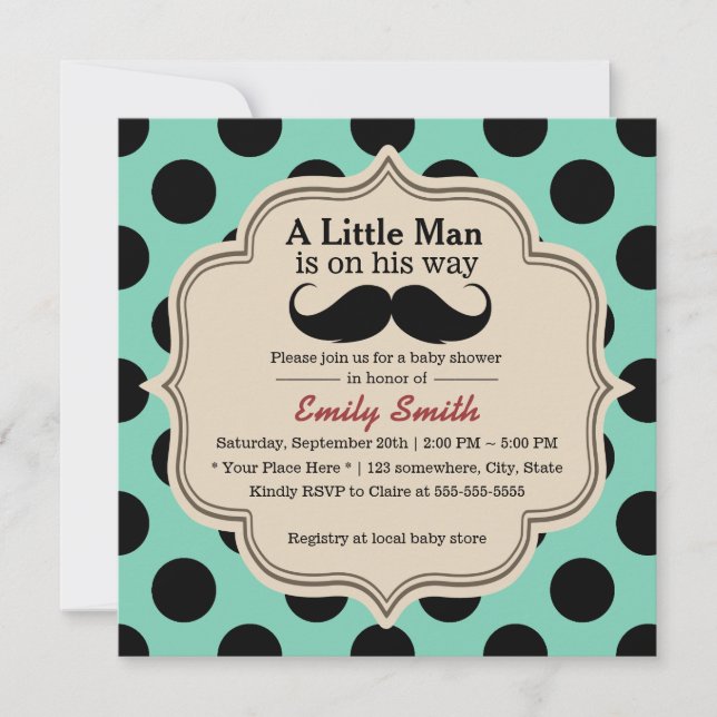 Simple Polka Dots Mustache Little Man Baby Shower Invitation (Front)