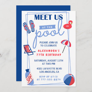 Simple Pool Party 77th birthday invitations 