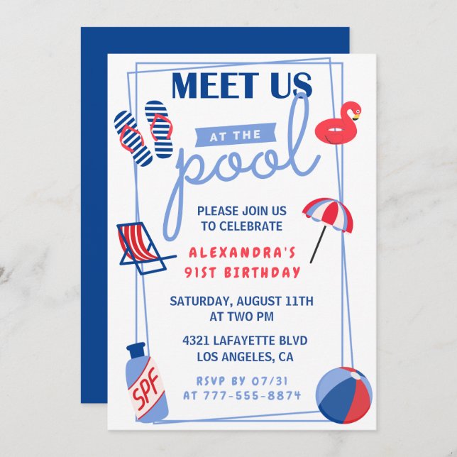 Simple Pool Party 91st birthday invitations  (Front/Back)
