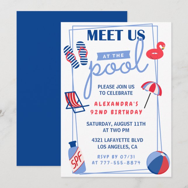 Simple Pool Party 92nd birthday invitations  (Front/Back)