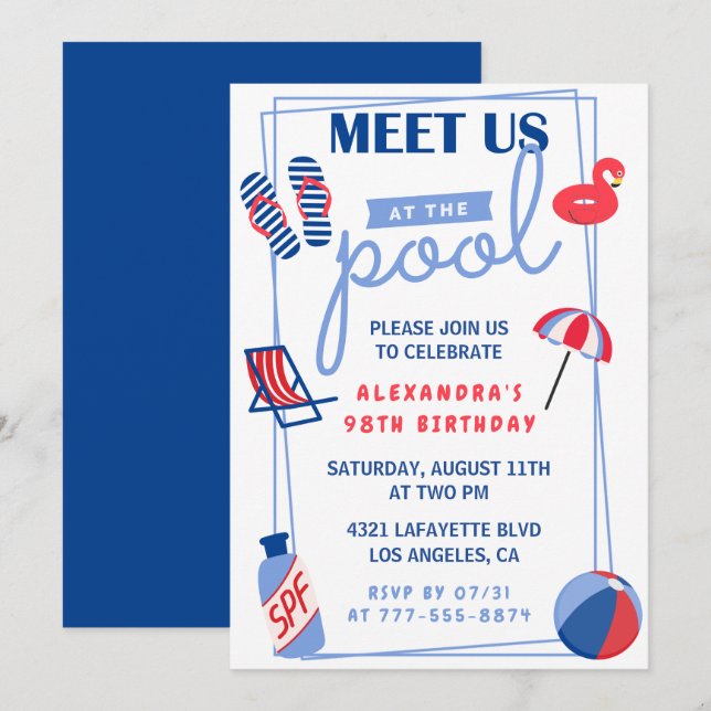Simple Pool Party 98th birthday invitations  (Front/Back)