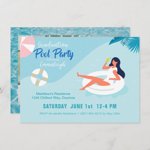 Simple Pool Party Photo Graduation Invitation