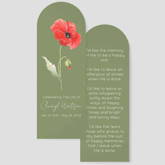 Simple Poppy Funeral Memorial Bookmark (Front & Back)