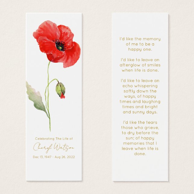 Simple Poppy Funeral Memorial Bookmark (Front & Back)