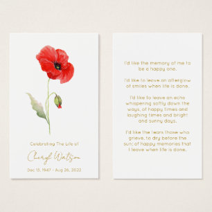 Simple Poppy Funeral Memorial Prayer Card