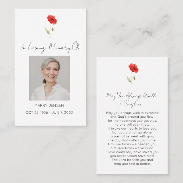 Simple Poppy Photo Funeral Prayer Card (Front/Back)