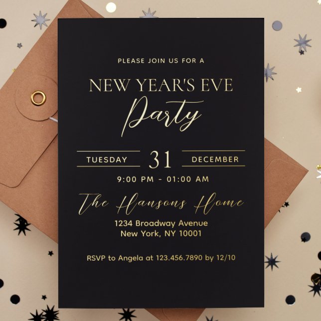 Simple Premium Gold and Black New Year's Eve Party Foil Invitation (Creator Uploaded)