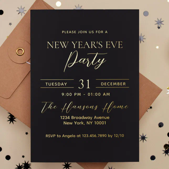 Simple Premium Gold and Black New Year's Eve Party Foil Invitation | Zazzle