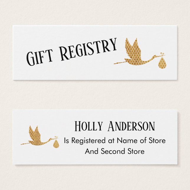 Simple Preppy Gold Stork Gift Registry Insert Card (Front & Back)
