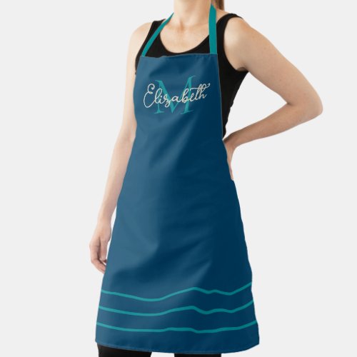 Simple Preppy Navy Teal and Cream Monogram Apron