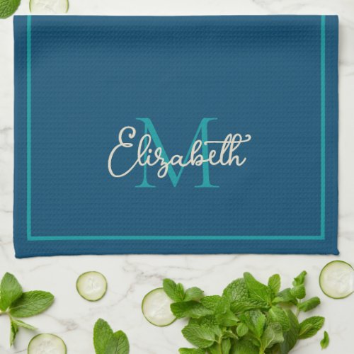 Simple Preppy Navy Teal and Cream Monogram Kitchen Towel