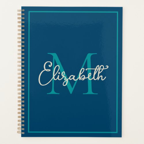 Simple Preppy Navy Teal and Cream Monogram Planner