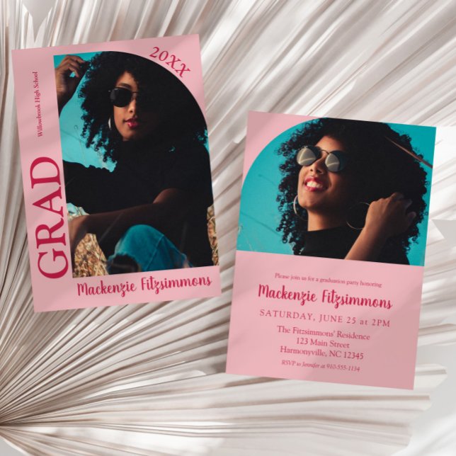 Simple Preppy Photo Graduation Invitation (Pink and Red Simple Preppy Photo Graduation Invitation)