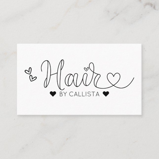 Simple Pretty Black White Hearts Typography Hair Business Card (Front)