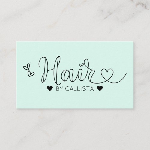 Simple Pretty Mint Green Hearts Typography Hair Business Card