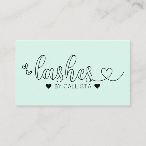 Simple Pretty Mint Green Hearts Typography Lashes Business Card