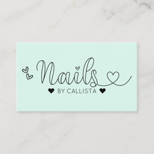 Simple Pretty Mint Hearts Typography Nail Tech Business Card