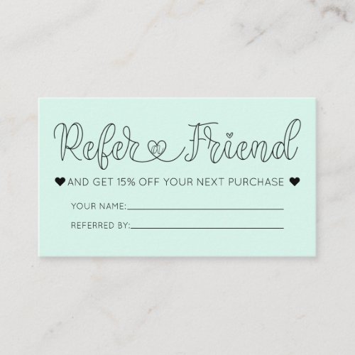 Simple Pretty Mint Hearts Typography Referral Business Card