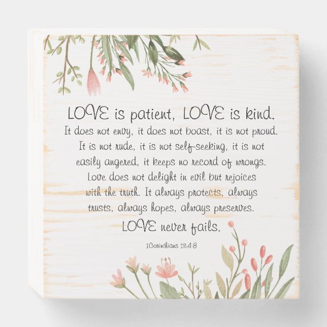 Simple Pretty Pink Flowers Christian Wedding Wooden Box Sign (Front Horizontal)