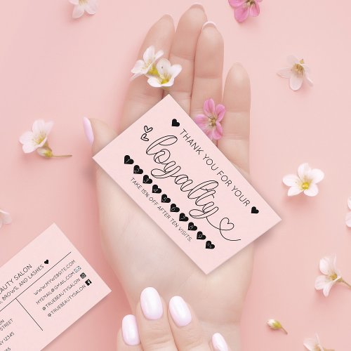 Simple Pretty Pink Hearts Typography Loyalty Business Card